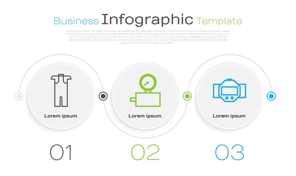 Definir linha Wetsuit para mergulho, escala de calibre e relógio de mergulho. Modelo de infográfico de negócios. Vetor — Vetor de Stock