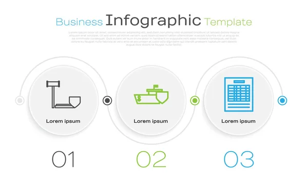 Definir linha Martelo juiz com escudo, Navio com escudo e relatório de documento de arquivo. Modelo de infográfico de negócios. Vetor — Vetor de Stock