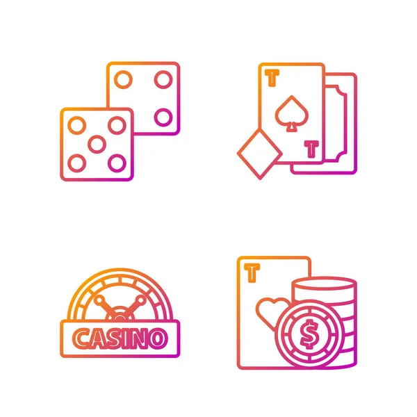 Set line Casino puce et cartes à jouer, Casino enseigne, Jeu de dés et de cartes à jouer avec des bêches. Icônes de couleurs dégradées. Vecteur — Image vectorielle