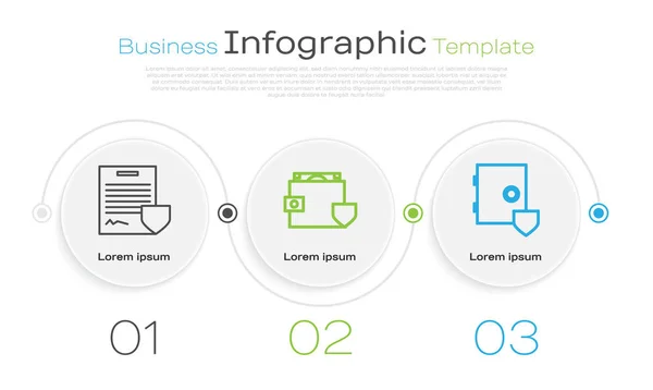Definir linha Contrato com escudo, Carteira e dinheiro com escudo e Seguro com escudo. Modelo de infográfico de negócios. Vetor — Vetor de Stock