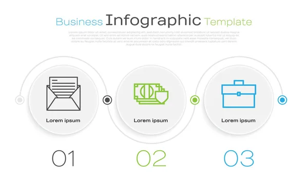 Definir linha Correio e e-mail, Dinheiro com escudo e Maleta. Modelo de infográfico de negócios. Vetor — Vetor de Stock