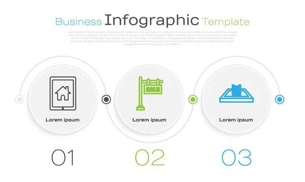 Set line Tableta y casa inteligente, Cartel colgante con texto Venta y Piscina con escalera. Plantilla de infografía empresarial. Vector — Vector de stock