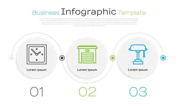 Definir linha Relógio, Garagem e Candeeiro de mesa. Modelo de infográfico de negócios. Vetor — Vetor de Stock