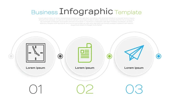 Definir linha Relógio, Documento e avião de papel. Modelo de infográfico de negócios. Vetor — Vetor de Stock