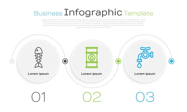 Set line Squelette de poisson, Ligne de baril d'huile et robinet d'eau. Modèle d'infographie d'entreprise. Vecteur — Image vectorielle