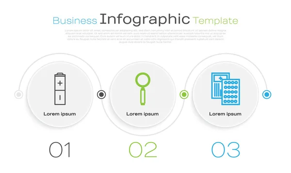 Definir linha Bateria, lupa e pílulas em blister. Modelo de infográfico de negócios. Vetor — Vetor de Stock