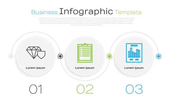 Definir linha Diamante com escudo, Área de transferência com lista de verificação e Documento com gráfico gráfico. Modelo de infográfico de negócios. Vetor — Vetor de Stock