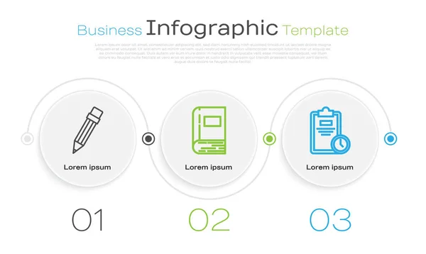 Definir linha Lápis com borracha, Livro e folha de exame com relógio. Modelo de infográfico de negócios. Vetor — Vetor de Stock