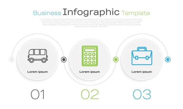 Définir la ligne autobus scolaire, calculatrice et mallette. Modèle d'infographie d'entreprise. Vecteur — Image vectorielle