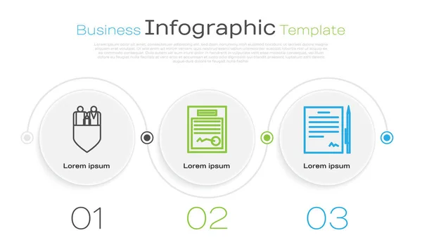 Definir linha Seguro familiar com escudo, formulário preenchido e contrato com caneta. Modelo de infográfico de negócios. Vetor — Vetor de Stock