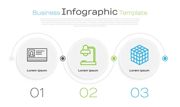 Definir linha de identificação distintivo, lâmpada de mesa e cubo de Rubik. Modelo de infográfico de negócios. Vetor — Vetor de Stock