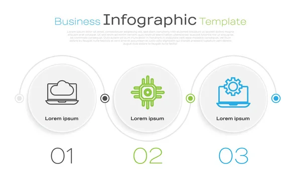 Definir linha de transferência e armazenamento de dados de tecnologia de nuvem, processador e laptop e engrenagem. Modelo de infográfico de negócios. Vetor — Vetor de Stock