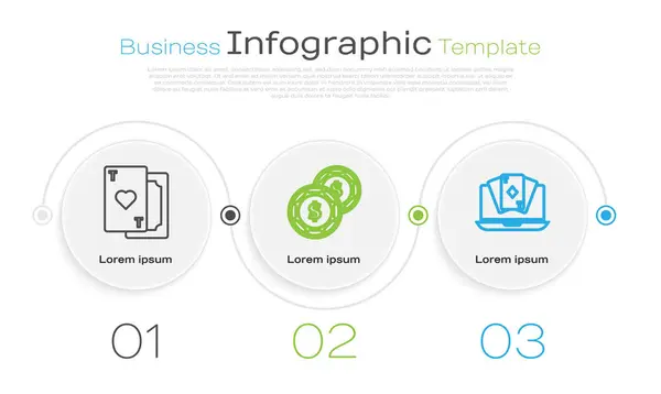 Définir la ligne Jouer à la carte avec cœur, Casino puce avec dollar et jeu de table de poker en ligne. Modèle d'infographie d'entreprise. Vecteur — Image vectorielle