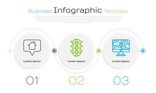 Set line Map pointer with house, Traffic light and Monitor and folded map with location. Business infographic template. Vector — Stock Vector