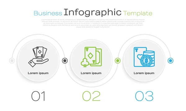 ラインを設定するトランプのハンドホールディングデッキ、ダイヤモンドとカジノチップでカードを再生し、カードを再生します。ビジネスインフォグラフィックテンプレート。ベクトル — ストックベクタ