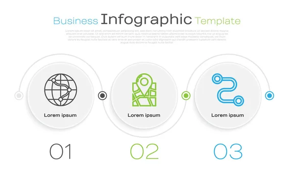 Définir la ligne Emplacement sur le globe, Carte pliée avec marqueur de localisation et l'emplacement de l'itinéraire. Modèle d'infographie d'entreprise. Vecteur — Image vectorielle