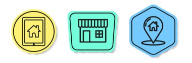 Satır tableti ve akıllı ev, alışveriş binası ya da market ve ev haritası işaretleyicisi. Renkli şekiller. Vektör