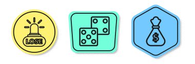 Kumarhane kaybetmeyi, zar atmayı ve para çantasını ayarla. Renkli şekiller. Vektör