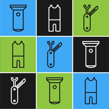 El feneri, İsviçre çakısı ve dalış ikonu için dalış kıyafeti ayarla. Vektör