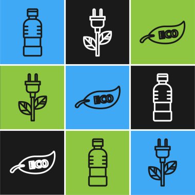 Bir şişe su, Yaprak Eko sembolü ve yaprak simgesine elektrik prizi yerleştir. Vektör