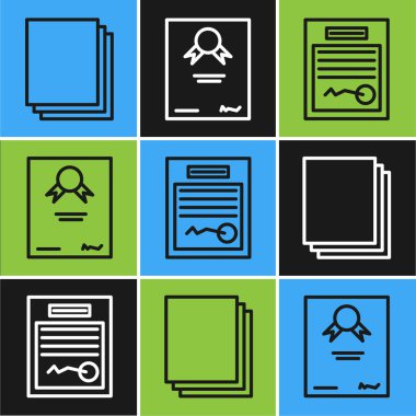 Satır Temiz kağıt, doldurulmuş form ve sertifika şablon simgesini ayarla. Vektör