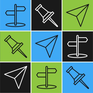 Yol trafik işaretini, kağıt uçak ve pin simgesini ayarla. Vektör