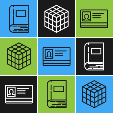 Satır Defteri, kimlik kartı ve zeka küpü simgesi. Vektör