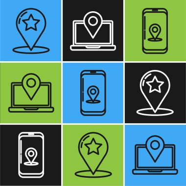 Çizgi haritası işaretleyicisini yıldız, şehir haritası navigasyonunun Infographic ve konum belirleyici simgesi olan dizüstü bilgisayarla ayarla. Vektör