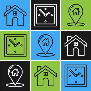 Satır Evi 'ni, harita işaretleyicisini ev ve saat simgesiyle ayarla. Vektör