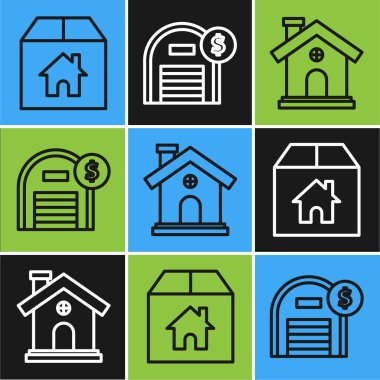 Karton kutu ve ev, House ve Depo 'yu dolar sembolü simgesiyle ayarla. Vektör