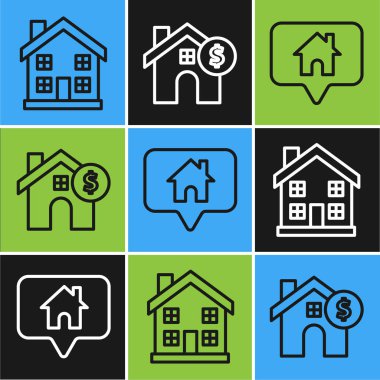 Çizgiye ev sembolü, Haritaya işaret eden ev ve dolar sembollü ev. Vektör