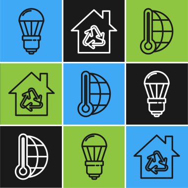 Led ampulü, Meteoroloji termometresi ve geri dönüşüm sembollü Eco House 'u ayarla. Vektör