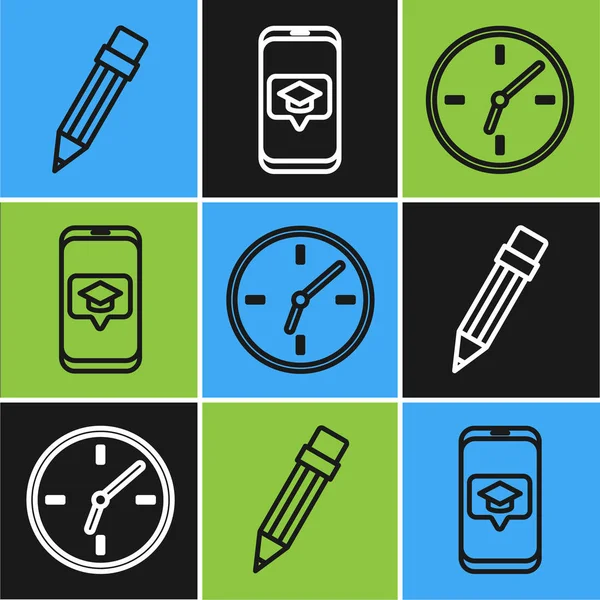 Establecer línea Lápiz con goma de borrar, Reloj y la tapa de graduación en el icono del teléfono inteligente de la pantalla. Vector — Archivo Imágenes Vectoriales