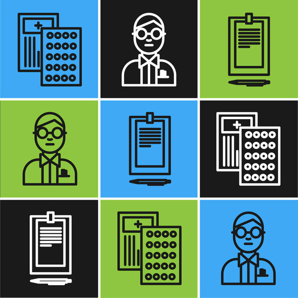 Установите строку Таблетки в блистерный пакет, буфер обмена с документом и значок ученого. Вектор
