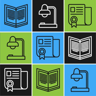 Satır Açık Kitabı, Sertifika şablonu ve Masa Lambası simgesini ayarla. Vektör