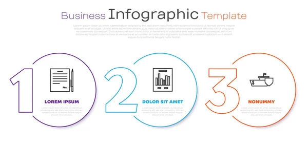 Set line Contract with pen, Document with graph chart and Ship with shield. Business infographic template. Vector — Stock Vector