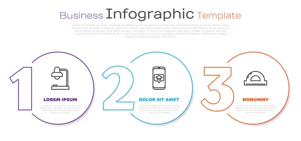 Set line Table lamp, Graduation cap on screen smartphone and Protractor grid for measuring degrees. Business infographic template. Vector — Stock Vector