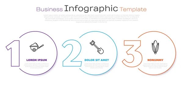 Set line Wheelbarrow with dirt, Shovel and Corn. Business infographic template. Vector — Stock Vector
