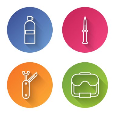 Aqualung hattı, ordu bıçağı, İsviçre çakısı ve dalış maskesi. Renkli daire düğmesi. Vektör