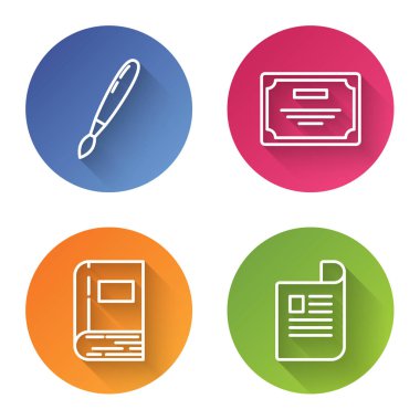 Satır fırçasını, sertifika şablonunu, Kitap ve Belgeyi ayarla. Renkli daire düğmesi. Vektör