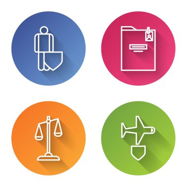 Yaşam sigortasını kalkanla, kişisel klasörle, adalet terazisiyle ve kalkan uçağıyla ayarla. Renkli daire düğmesi. Vektör