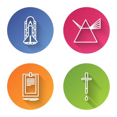 Uzay mekiği ve roketleri ayarlayın, prizmada ışık ışınları, dokümanlı pano ve Pipette. Renkli daire düğmesi. Vektör