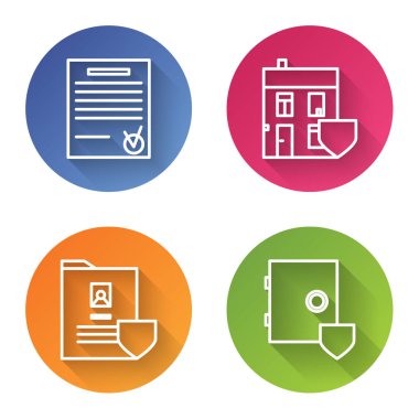 Hattı onayla ve işaretle, kalkanlı ev, kalkanlı belge ve kalkanlı kasa. Renkli daire düğmesi. Vektör