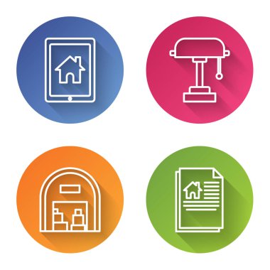 Satır tableti, akıllı ev, masa lambası, depo ve ev sözleşmesi. Renkli daire düğmesi. Vektör