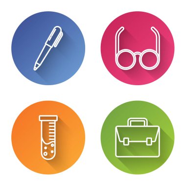 Kalem, gözlük, test tüpü, matara kimya laboratuvarı ve evrak çantası ayarla. Renkli daire düğmesi. Vektör