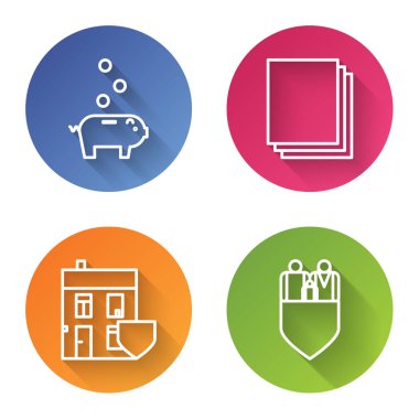 Piggy Bank 'ı parayla, temiz kağıtla, evi kalkanla ve aile sigortasını kalkanla donatın. Renkli daire düğmesi. Vektör