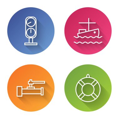 Ölçek ölçeği ayarlayın, suda balıkçı teknesi, endüstriyel metalik borular, valf ve Lifebuoy. Renkli daire düğmesi. Vektör