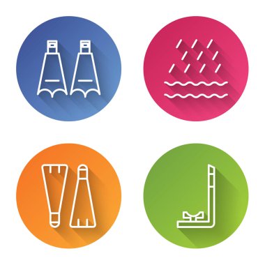 Yüzmek için lastik paletler, yağmur ve dalgalar, yüzmek için lastik paletler ve Şnorkel. Renkli daire düğmesi. Vektör