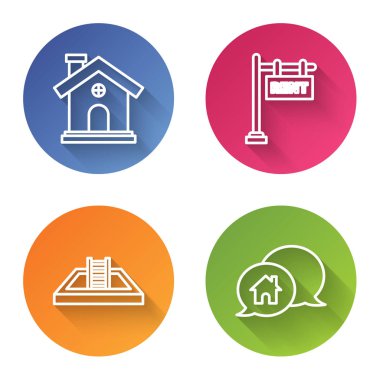 House 'u ayarlayın, metin kirasıyla tabelayı asın merdivenle havuzu yüzdürün ve House binasını konuşma baloncuğuyla inşa edin. Renkli daire düğmesi. Vektör