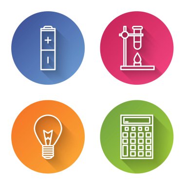 Bataryayı ayarla, cam test tüpünü ısıtıcıya koy, fikir ve hesap makinesi konseptiyle ampulü yak. Renkli daire düğmesi. Vektör